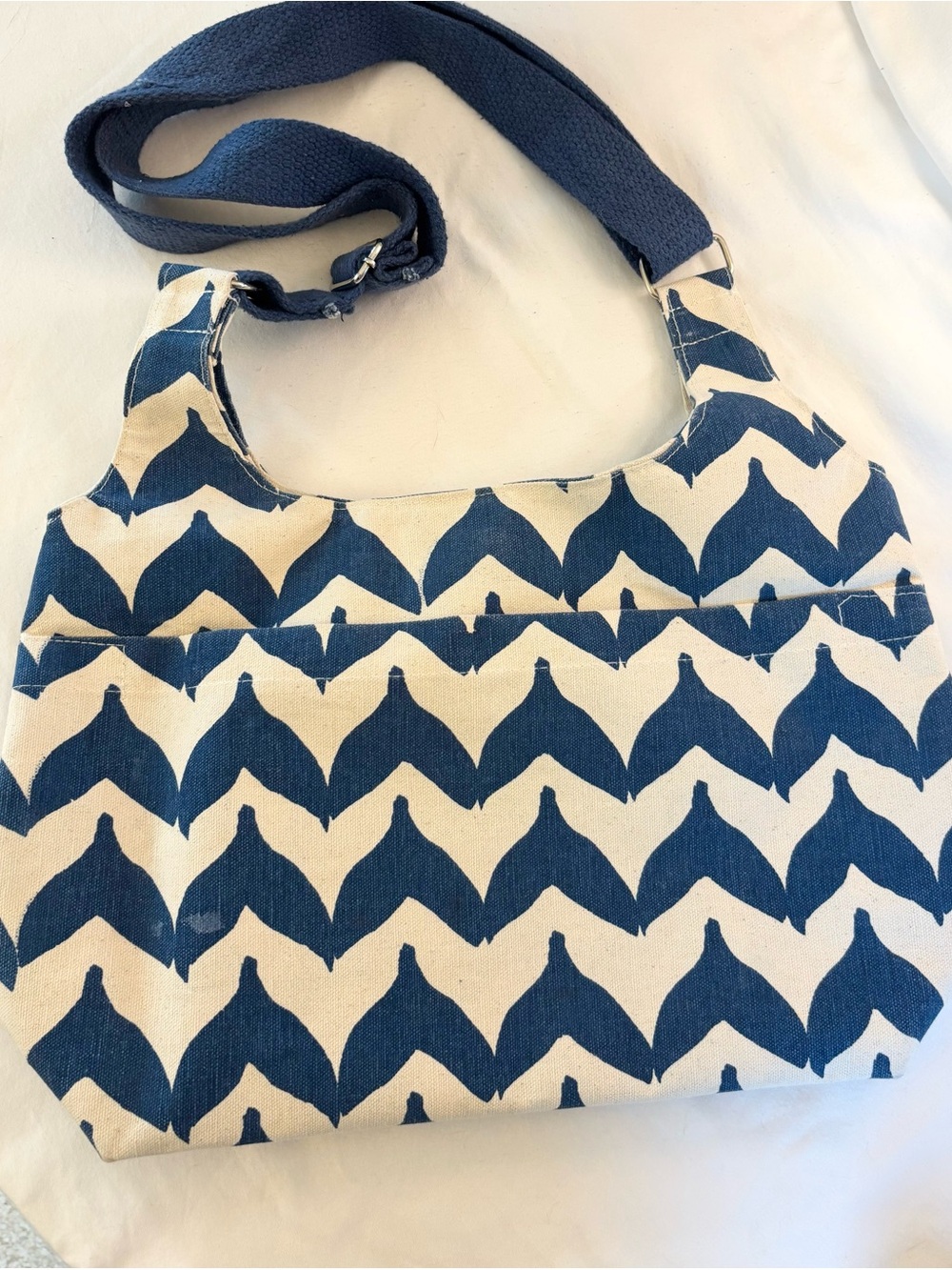 Navy whale tale beachy coastal Canvas Shoulder Bag
